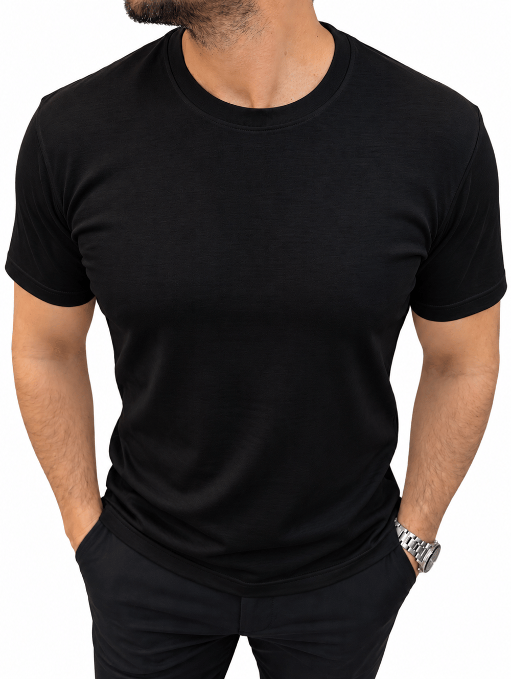 Erkek Basic Rayon Kumaş Tişört-Siyah