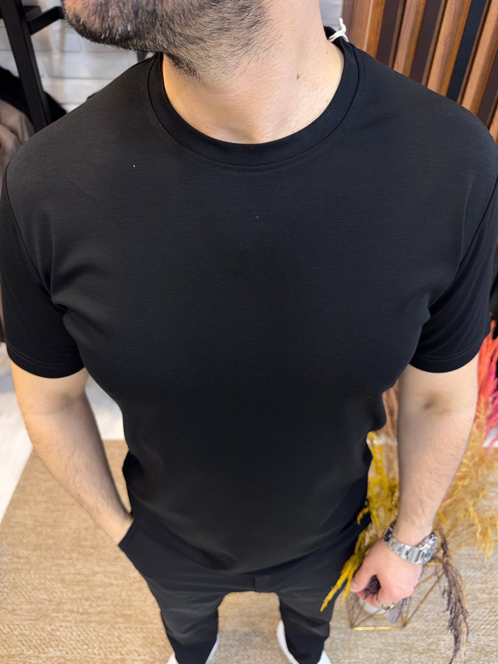 Erkek Basic Rayon Kumaş Tişört-Siyah