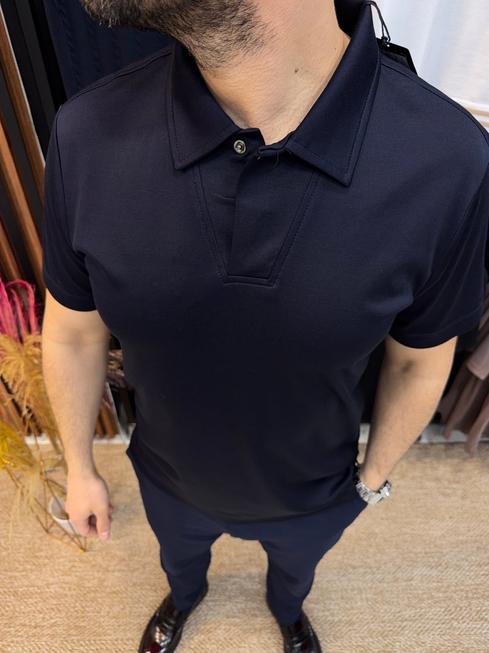 Erkek Polo Yaka V Yaka Düğmeli Tişört-Laci