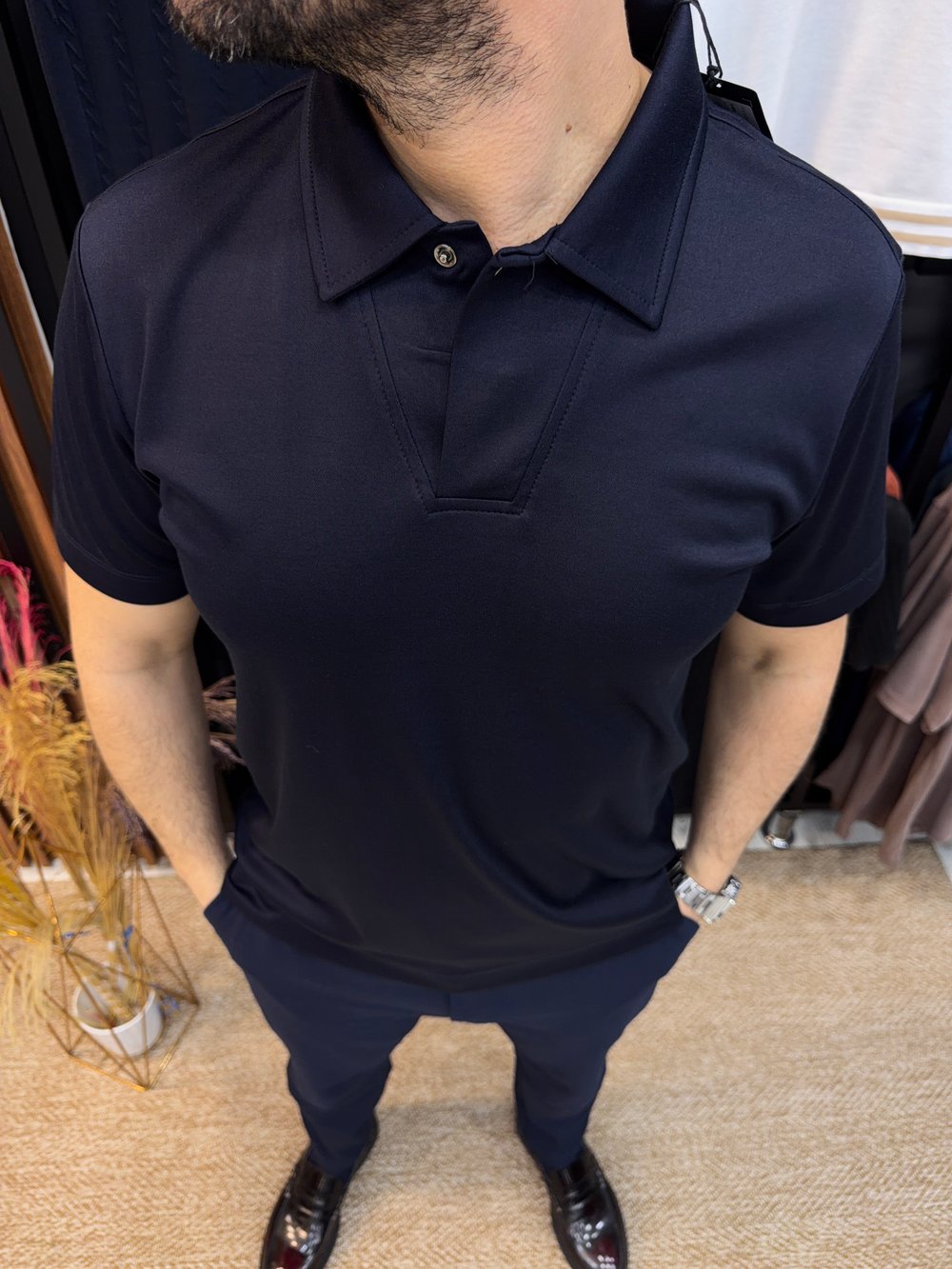 Erkek Polo Yaka V Yaka Düğmeli Tişört-Laci