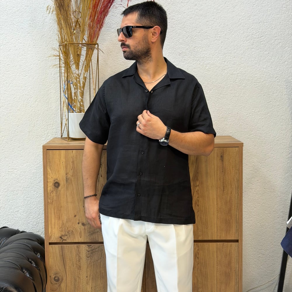 Ham Keten Kısa Kollu Gömlek - Regular Fit-Siyah