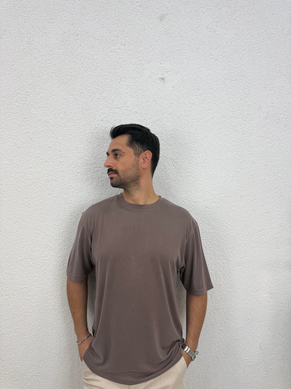 Modal Kumaş Rahat Kesim T-shirt - Kahverengi