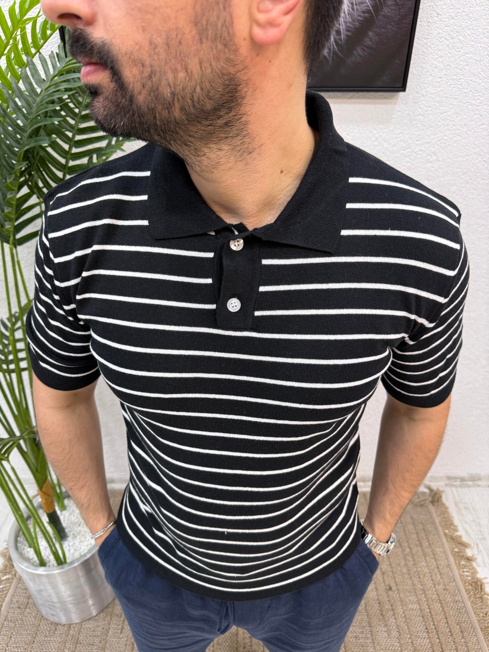 Polo Yaka Çizgili Tshirt Siyah