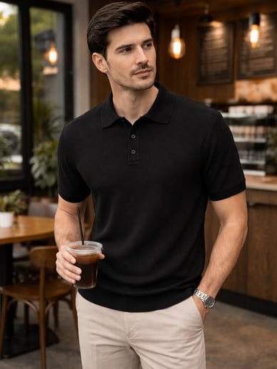 Polo Yaka Triko T-shirt - Siyah