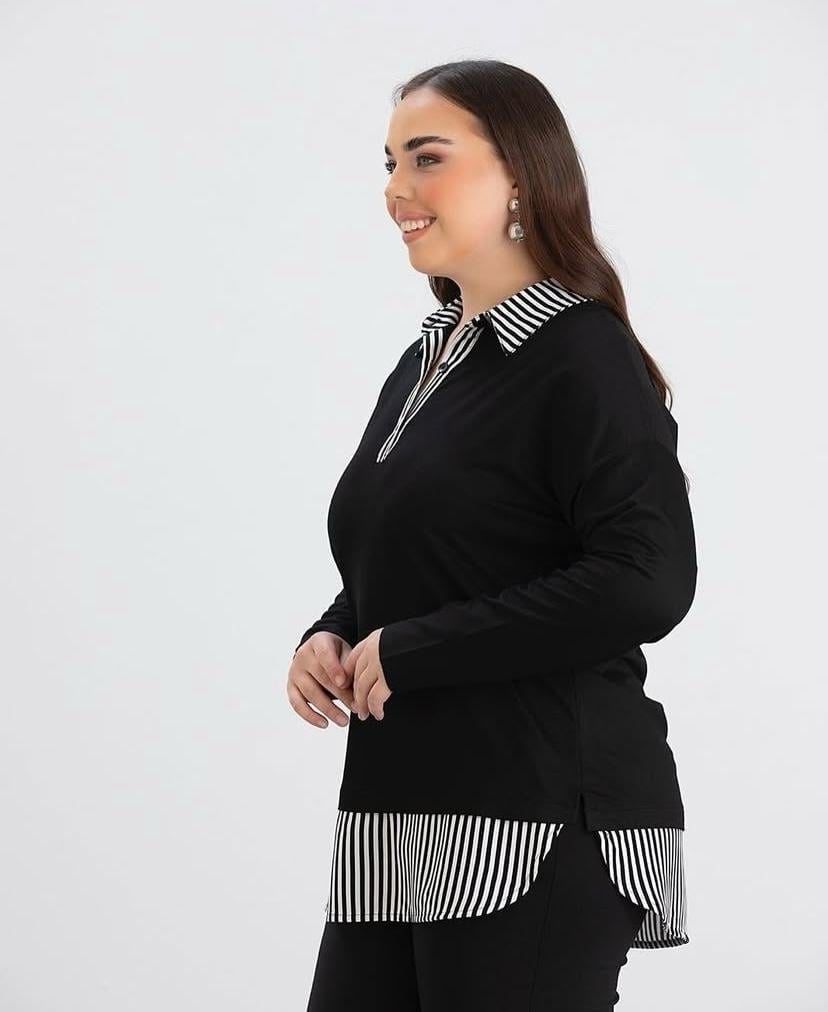  ÇİZGİLİ GÖMLEK YAKA SİYAH BLUZ