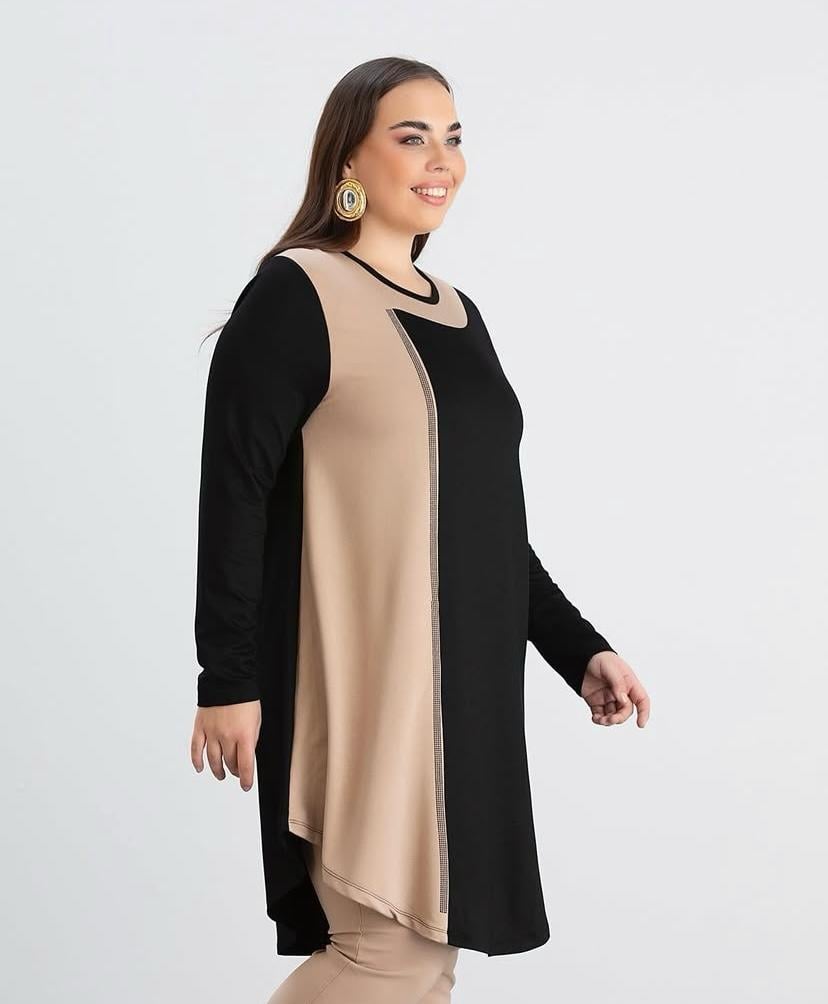  TAŞ DETAYLI ÇAN MODEL SÜTLÜ KAHVE-SİYAH TUNİK