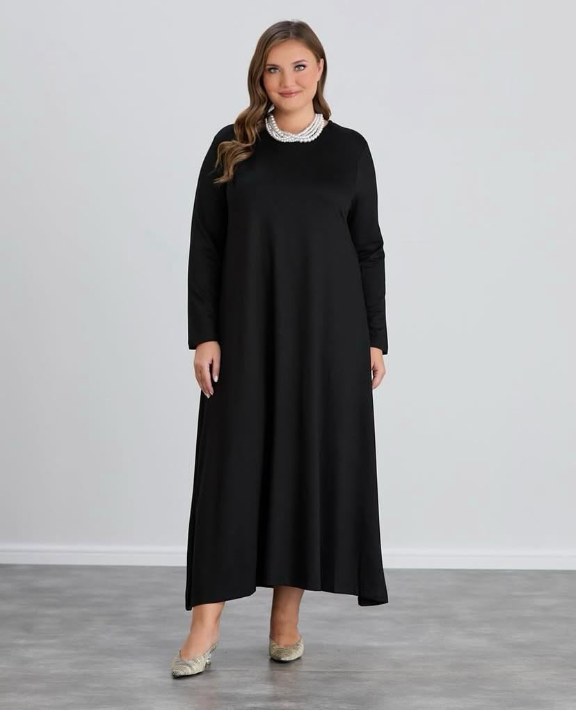  VİSKON KUMAŞ DÖKÜMLÜ ÇAN MODEL SİYAH UZUN ELBİSE