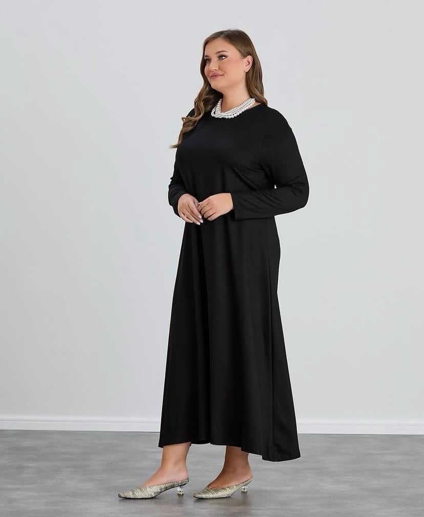 VİSKON KUMAŞ DÖKÜMLÜ ÇAN MODEL SİYAH UZUN ELBİSE