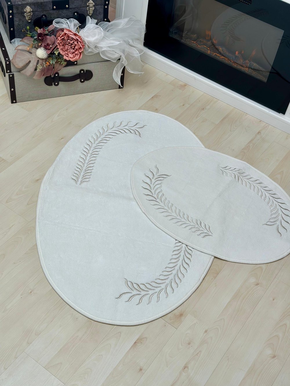 100x70 Oval Model Gümüş Detaylı İkili Paspas Takımı