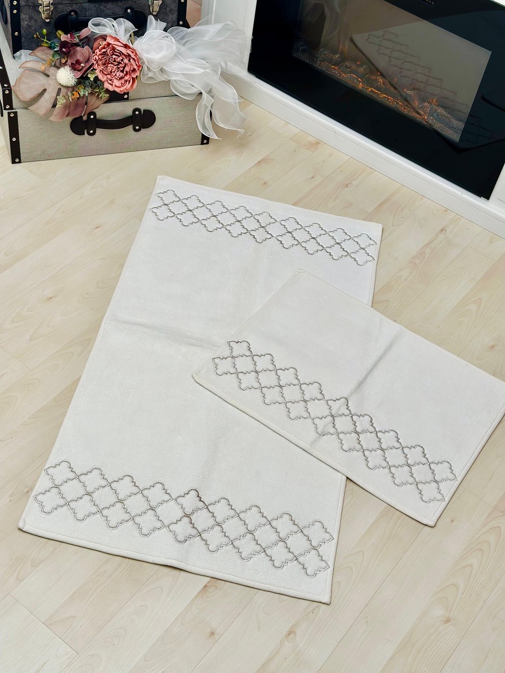 120x60 2 Sıra Baklava Gümüş Detaylı İkili Paspas Takımı