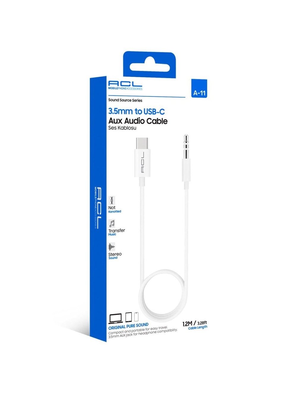 A-11 1.2 Metre 3.5mm to Type-C (USB-C) Düğümlenmez Premium Aux Ses Kablosu
