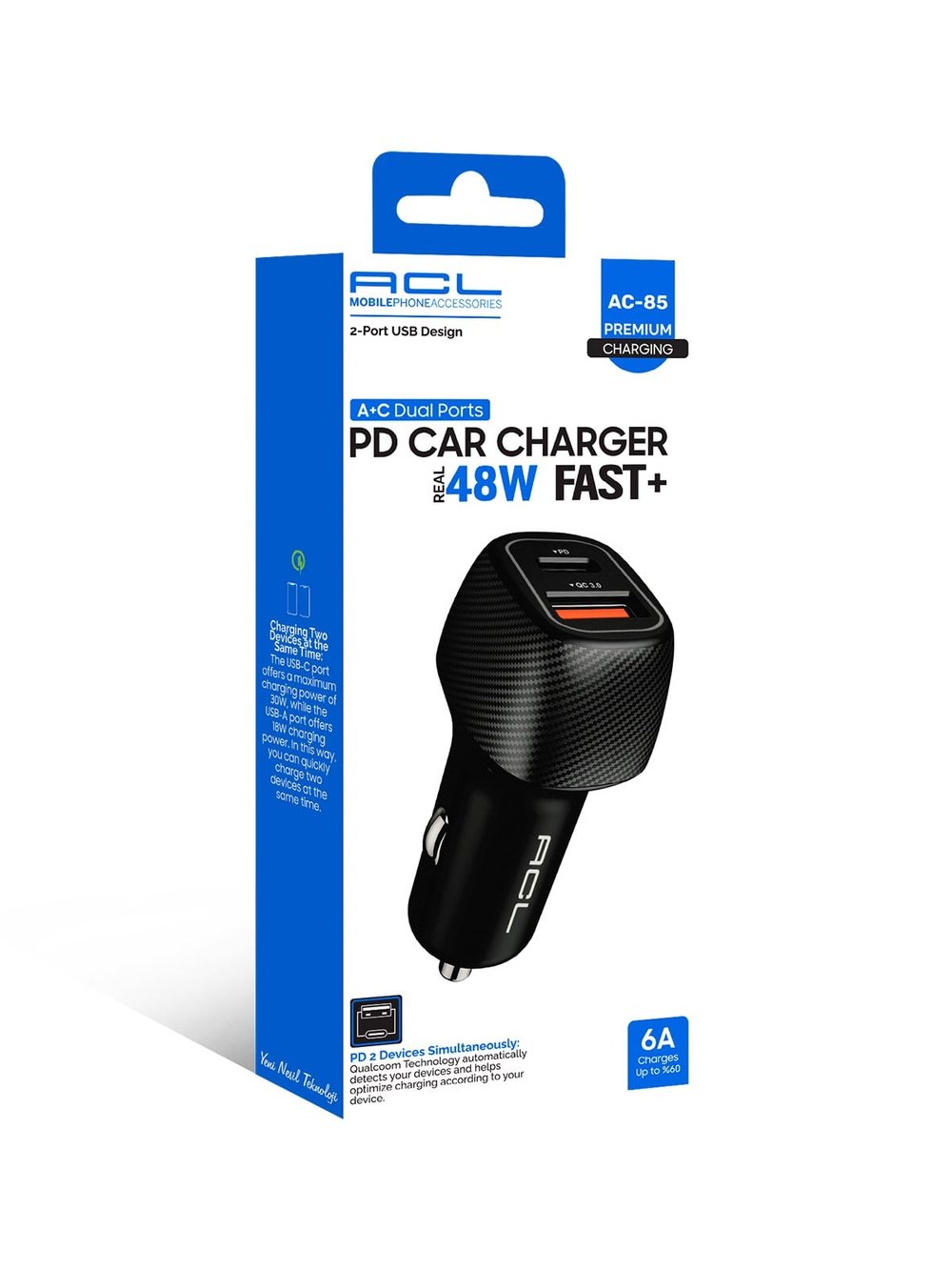 AC-85 48W Hızlı Araç Şarj Cihazı – PD 30W + QC 3.0 18W Çift Portlu Metal Başlıklı Şarj Başlığı