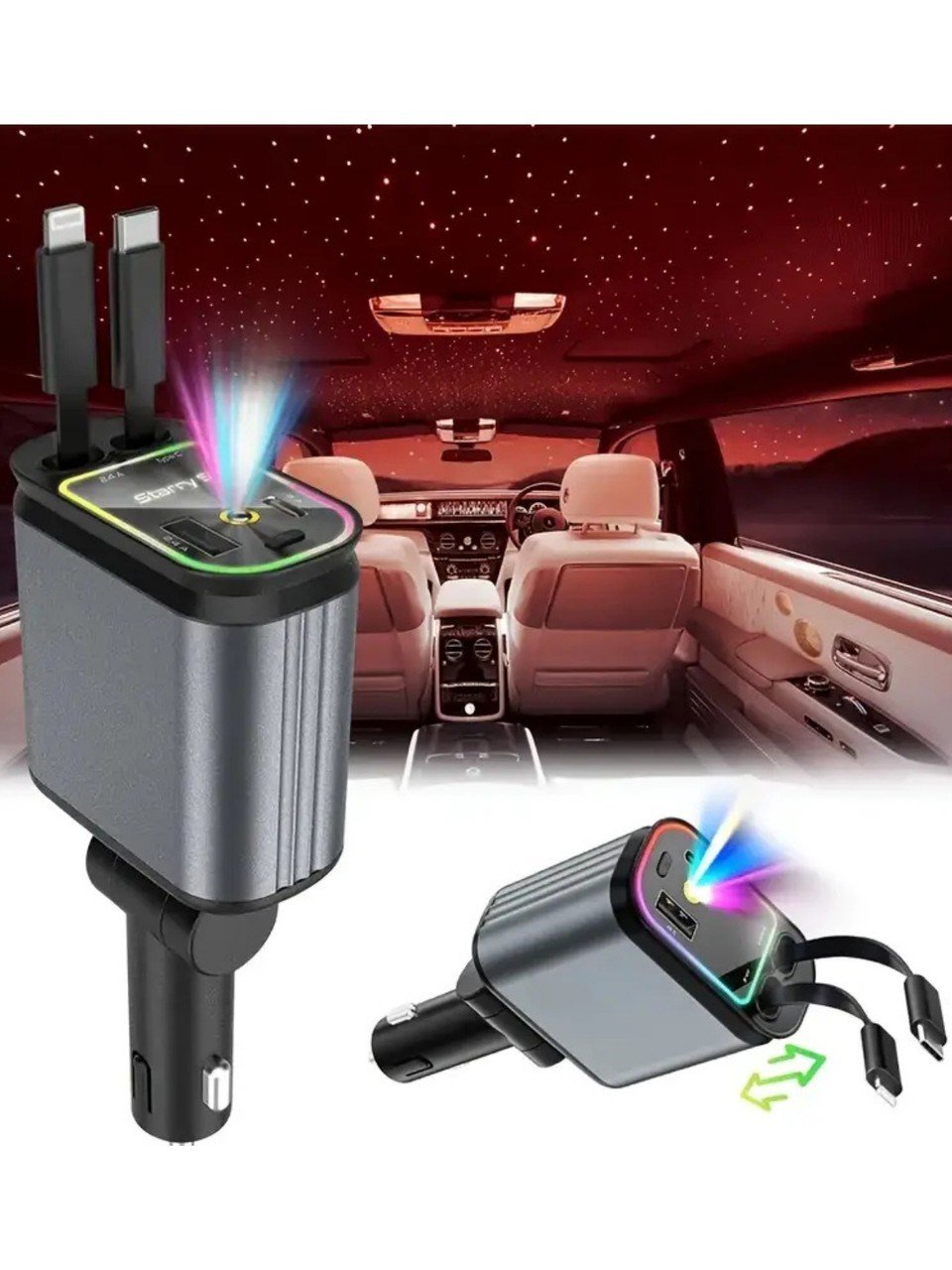 ACC-01 RGB Işıklı Araç Şarj Cihazı 66W Hızlı Şarj 4ü 1 Arada Geri Çekilebilir Kablo Yıldızlı Tavan Işığı Özelliği