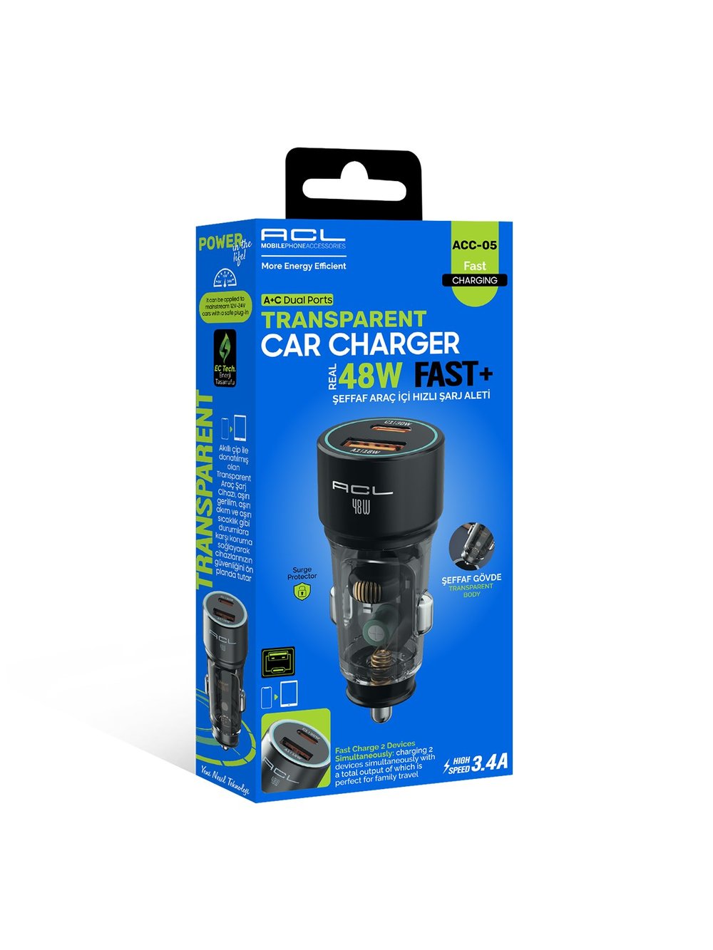 ACC-05 48W Şeffaf Gövdeli Hızlı Araç Şarj Cihazı – PD 30W + QC 3.0 18W Çift Portlu Akıllı Şarj Başlığı