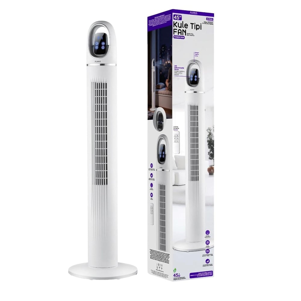 ACFN 45İnç Kule Tipi Vantilatör | 45W Güçlü Motor, 3 Kademeli Hız, Salınımlı, Zamanlayıcılı Tower Fan
