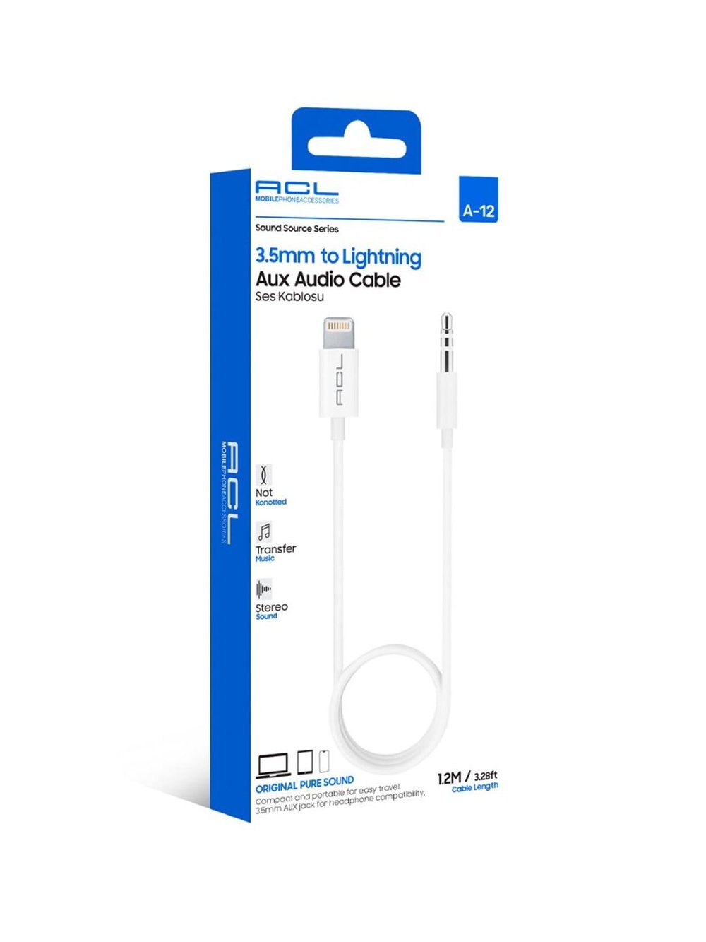 A-12 1.2 Metre 3.5mm to Lightning Düğümlenmez Premium Aux Ses Kablosu (iPhone Uyumlu)