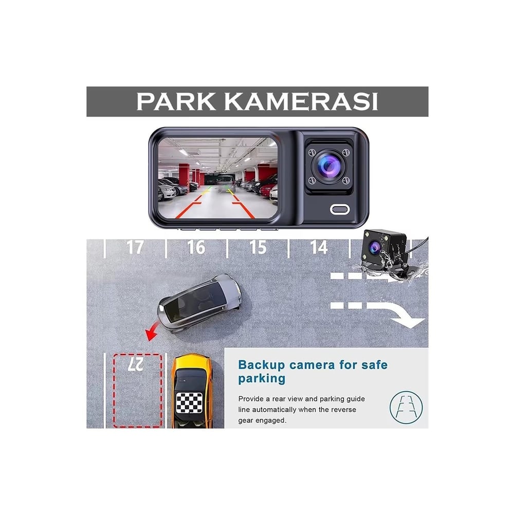 Araç İçi FullHD 3 Kameralı A98 170° Derece Açılı Yol Takip, İç Mekan ve Arka Kamera Kayıt