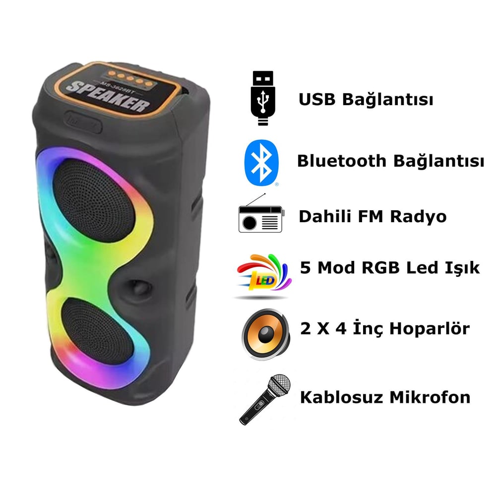 Bluetooth MS3628 TWS Hoparlör RGB Led Işıklı Mikrofonlu TF Kart, Telefon, AUX, Radyo, Kareoke, USB Bağlantı 800mAh Bataryalı