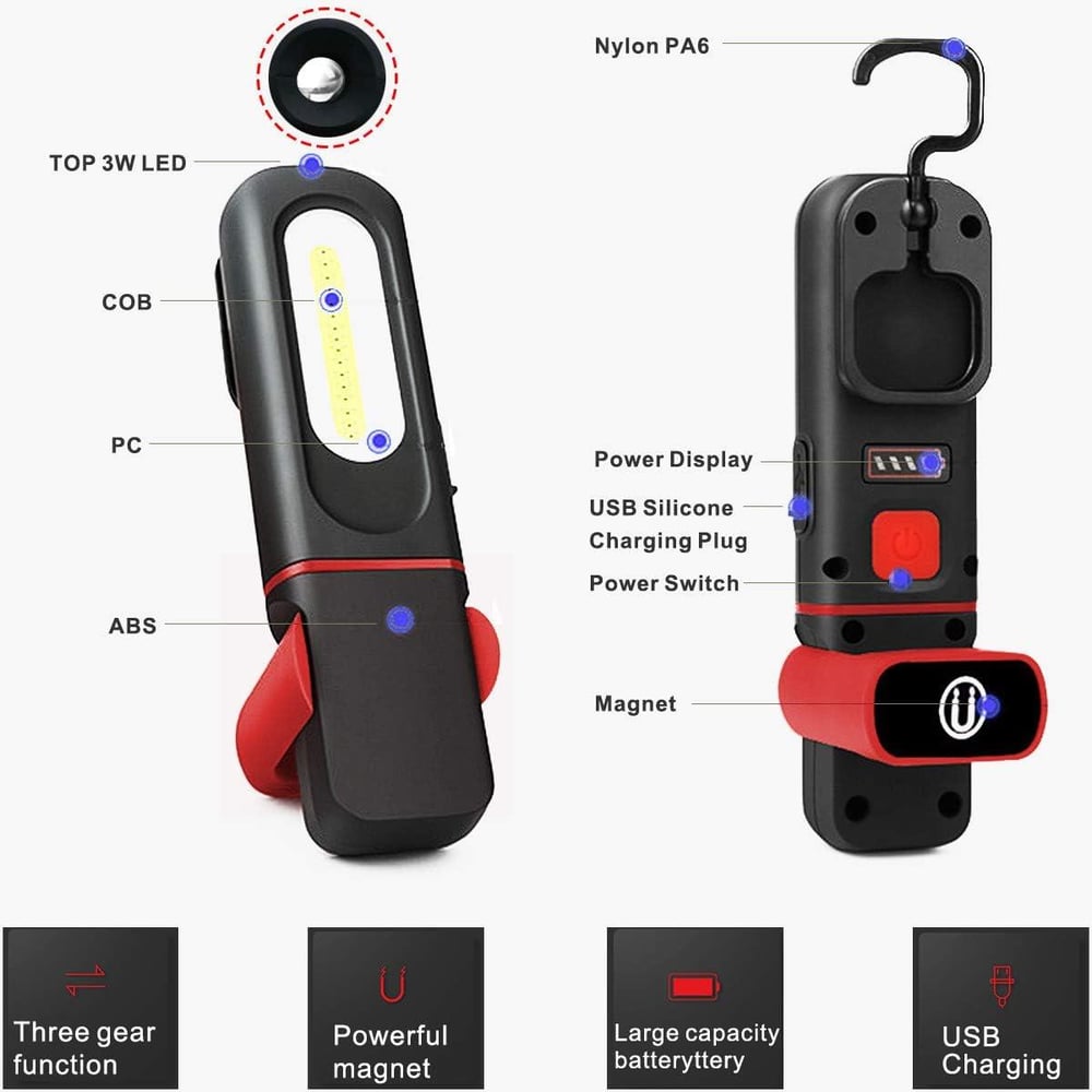 Kancalı Mıknatıslı 360 Derece Hareketli USB Şarjlı El Feneri 350LM TC24-30