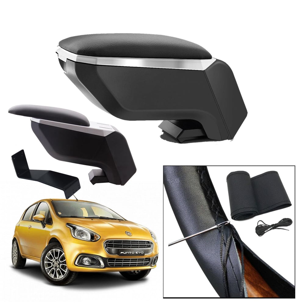 Lüks Set Fiat Punto Evo 2018 Delmesiz Çelik Ayaklı Gri-Siyah Kolçak Kol Dayama, Direksiyon Kılıfı