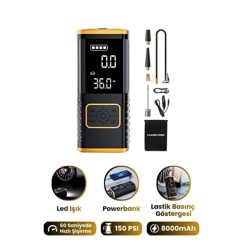 Portatif Kompresör 3ü 1 Arada Powerbank, Hava Kompresörü, LCD Ekran, 8000mAh 150PSI