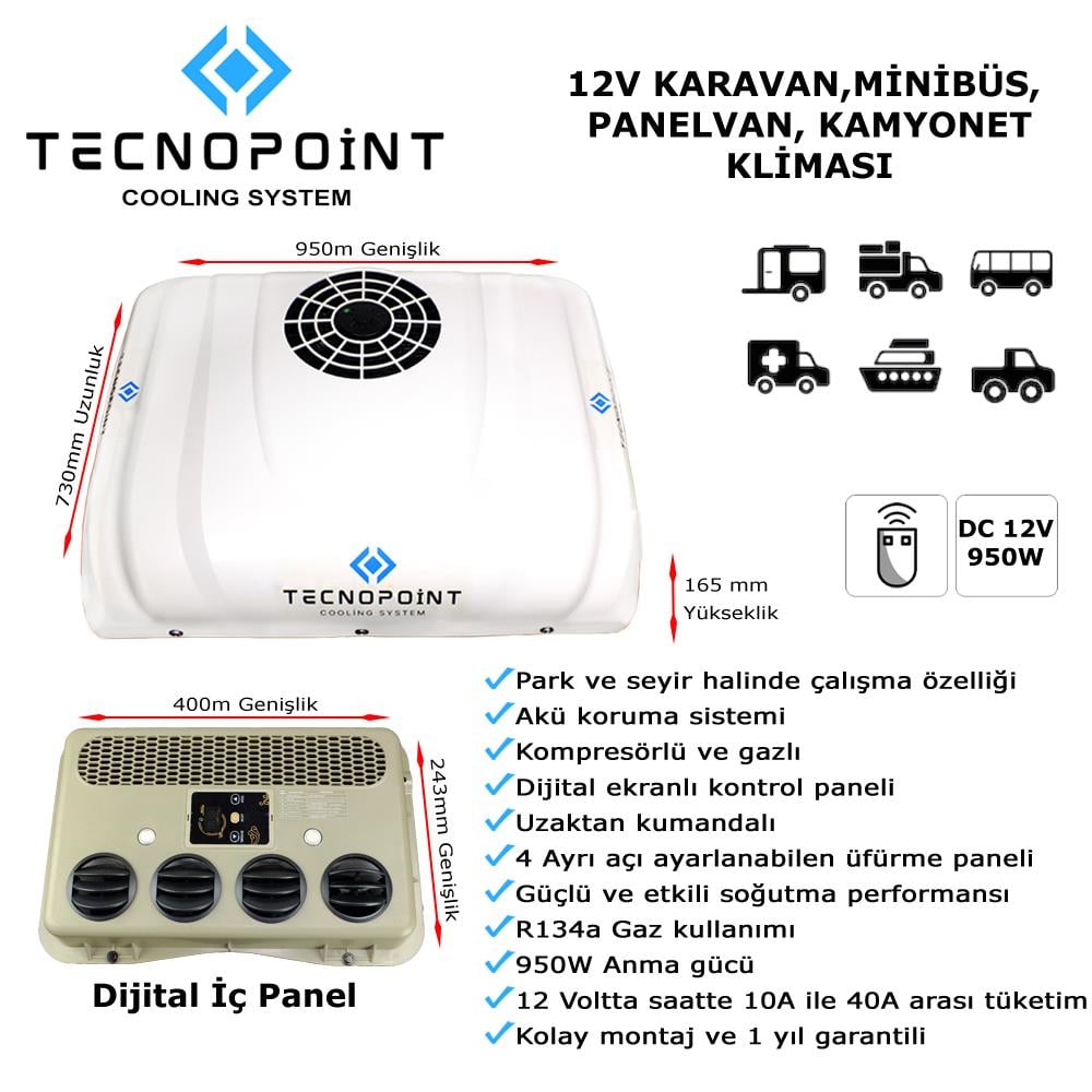 Tecnopoint Tavan Tipi Park Kliması  12V Kamyonet, Karavan, Minibüs, Panelvan