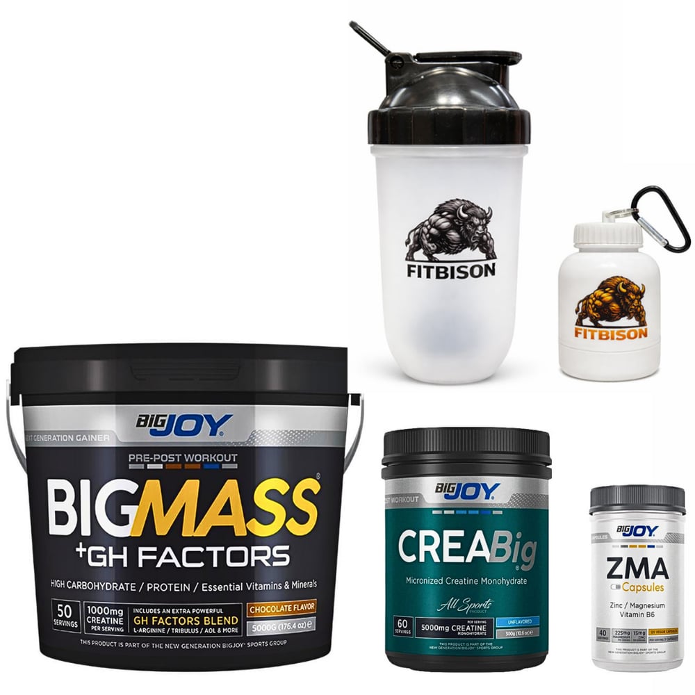 HACİM + PATLAYICI GÜÇ + ONARIM SERİSİ-BigMass (Gainer) + CreaBig (Creatine) + ZMA (Çinko/Magnezyum) + Pro Shaker (700 ml) + Maskot Toz Taşıma Kutusu (100 ml)