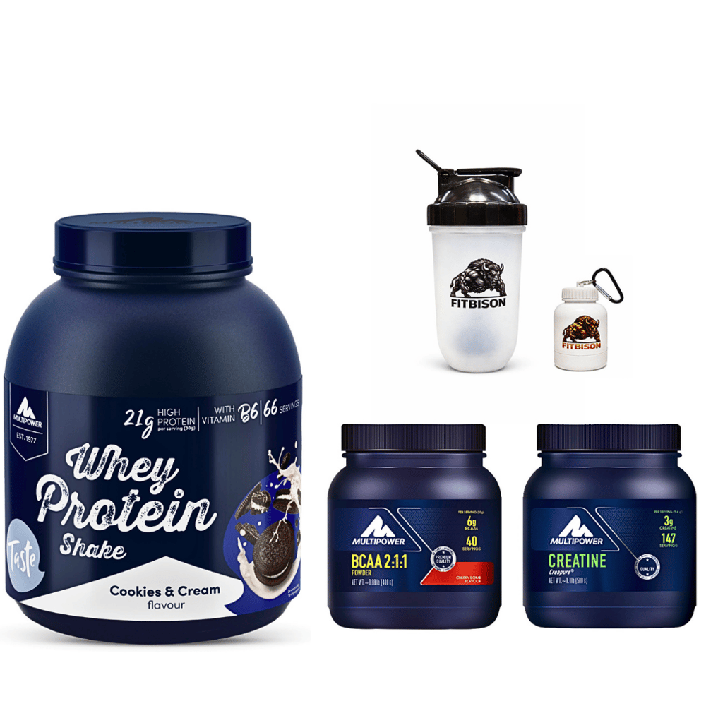 PREMIUM KAS İNŞASINA YÜKLEN + PUMP'LAN + ONAR SERİSİ Paket İçeriği: Multipower Whey Protein Shake + Multipower BCAA 2:1:1 Powder vişne + Multipower Creatine (Creapure®) + Pro Shaker (700 ml) + Maskot Toz Taşıma Kutusu (100 ml)