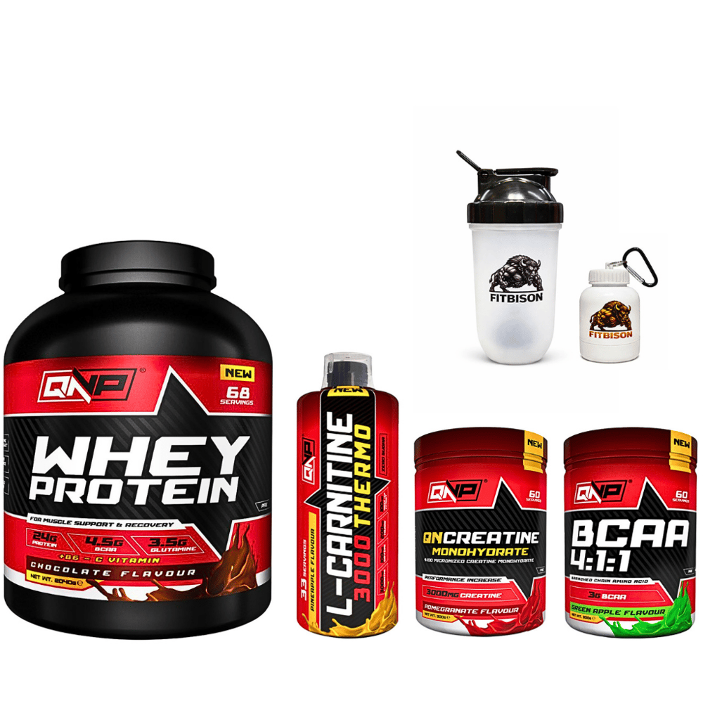 QNP KAS İNŞA ET + YAĞLARI YAK + GÜCÜ ARTIR SİSTEMİ Paket İçeriği: QNP Whey Protein + QNP L-Carnitine 3000 Thermo + QN Creatine Monohydrate + QNP BCAA 4:1:1 + Pro Shaker (700 ml) + Maskot Toz Taşıma Kutusu (100 ml)