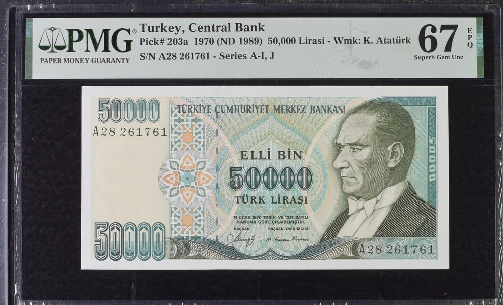 7. Emisyon 1. Tertip 50.000 Lira - A28 - PMG 67