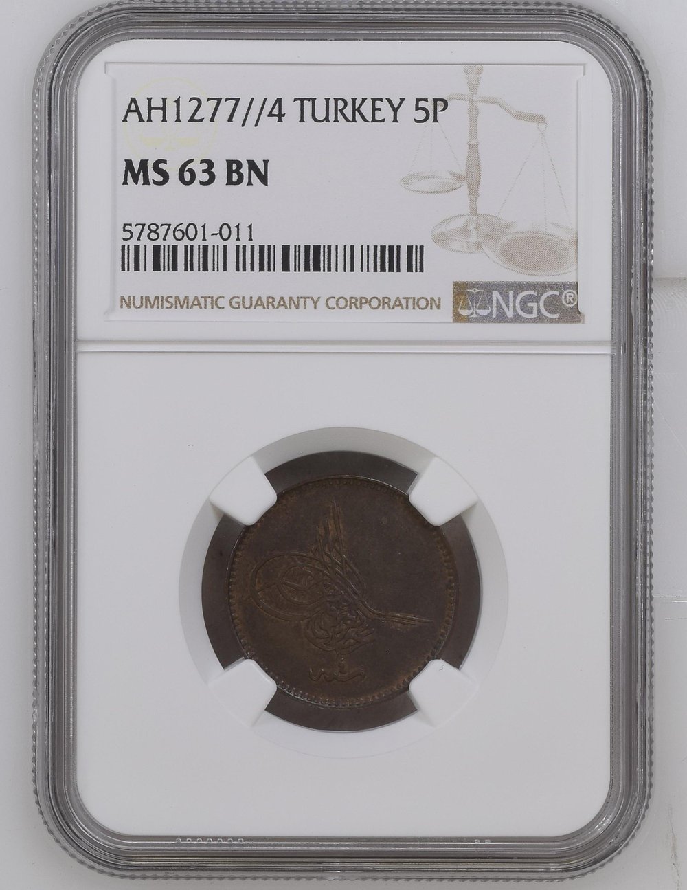 Sultan Abdülaziz 1277/4 Bakır 5 Para - ÇİL - NGC MS63 BN