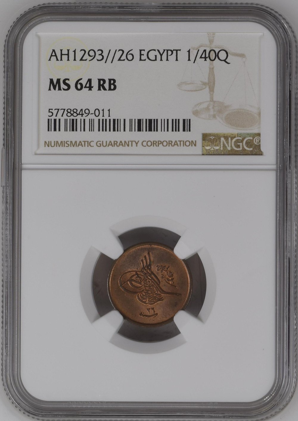 Sultan II. Abdülhamid 1293/26 Mısır 1/40 Kuruş - ÇİL - NGC MS64 RB