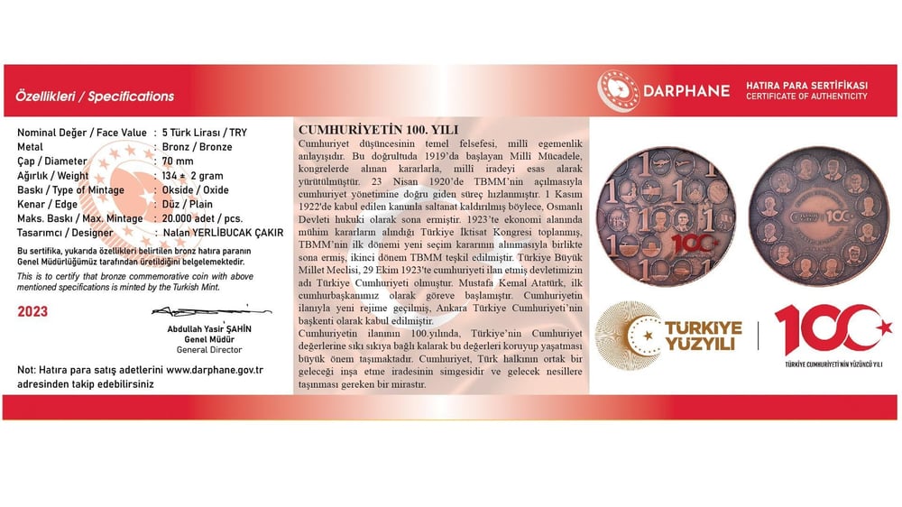 Türkiye Cumhuriyetinin 100.Yılı Bronz Hatıra Para
