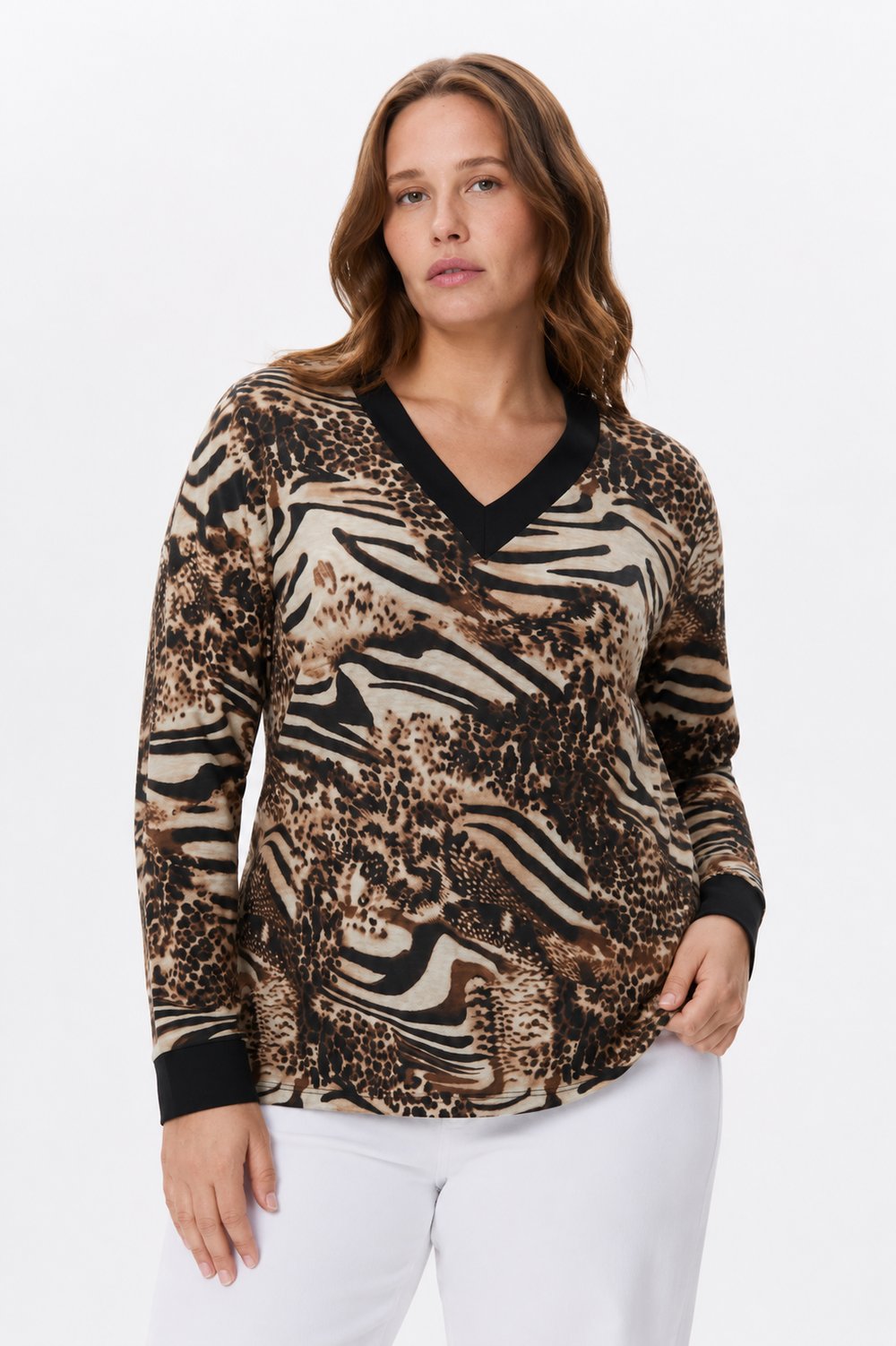BAMBU KUMAŞ V YAKA LEOPAR ZEBRA DESEN BLUZ