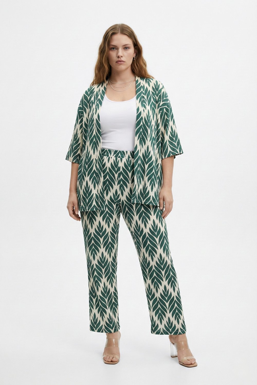 Desenli Kimono Hırkalı 2li Alt Üst Takım Bürümcük Kumaş Yazlık 2XL-6XL Oversize