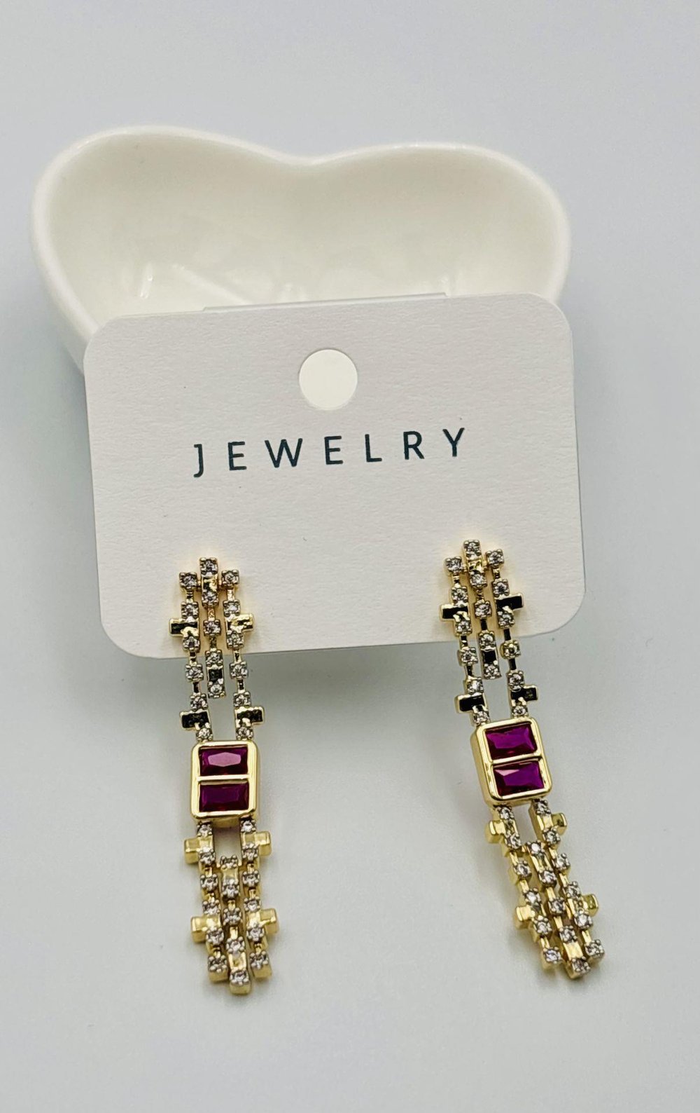 Pembe Taşlı Uzun Gold Küpe