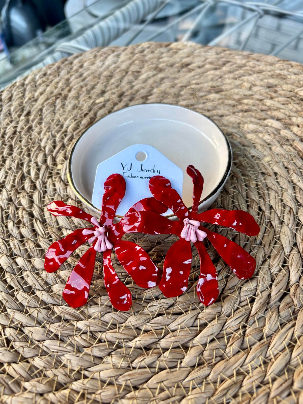 Premium Kırmızı Ortası Pembe Boncuklu Küpe
