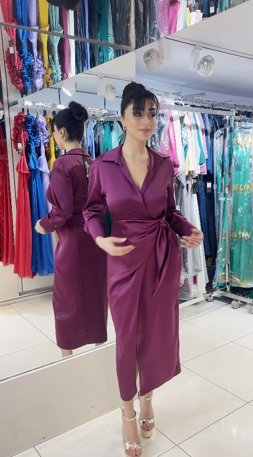  Saten Midi Elbise (Kruvaze Yaka, Kuşak Detaylı)