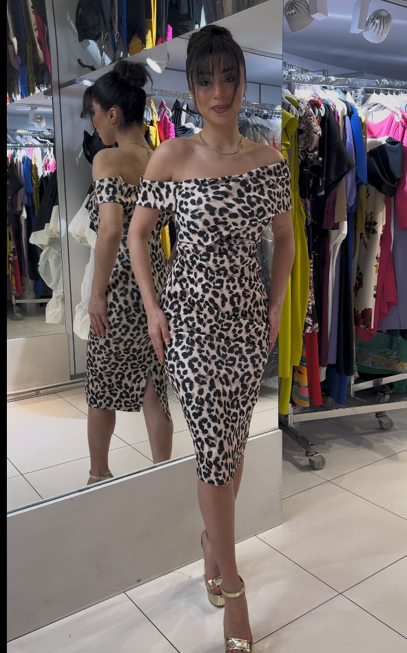 Leopar desenli midi boy scuba kumaş elbise