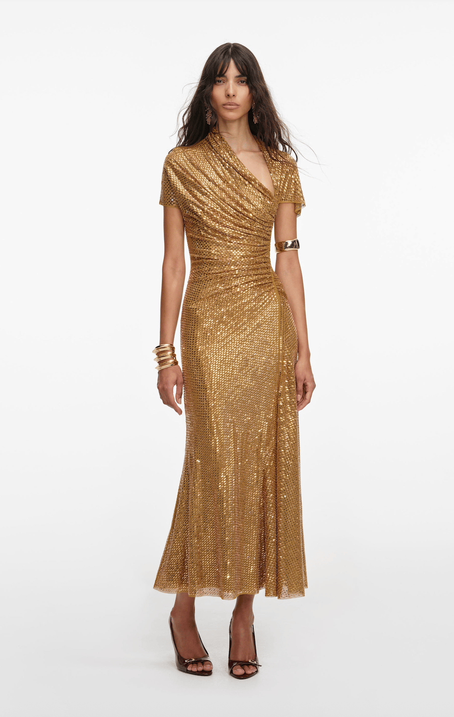 Gold Kristal Taşlı Drapeli Midi Elbise