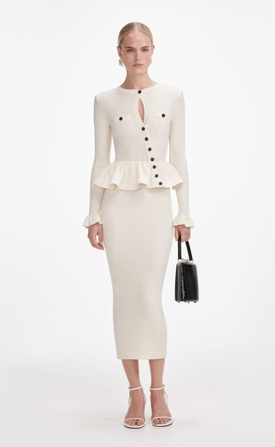 Peplum ve Düğme Detaylı Triko Midi Elbise