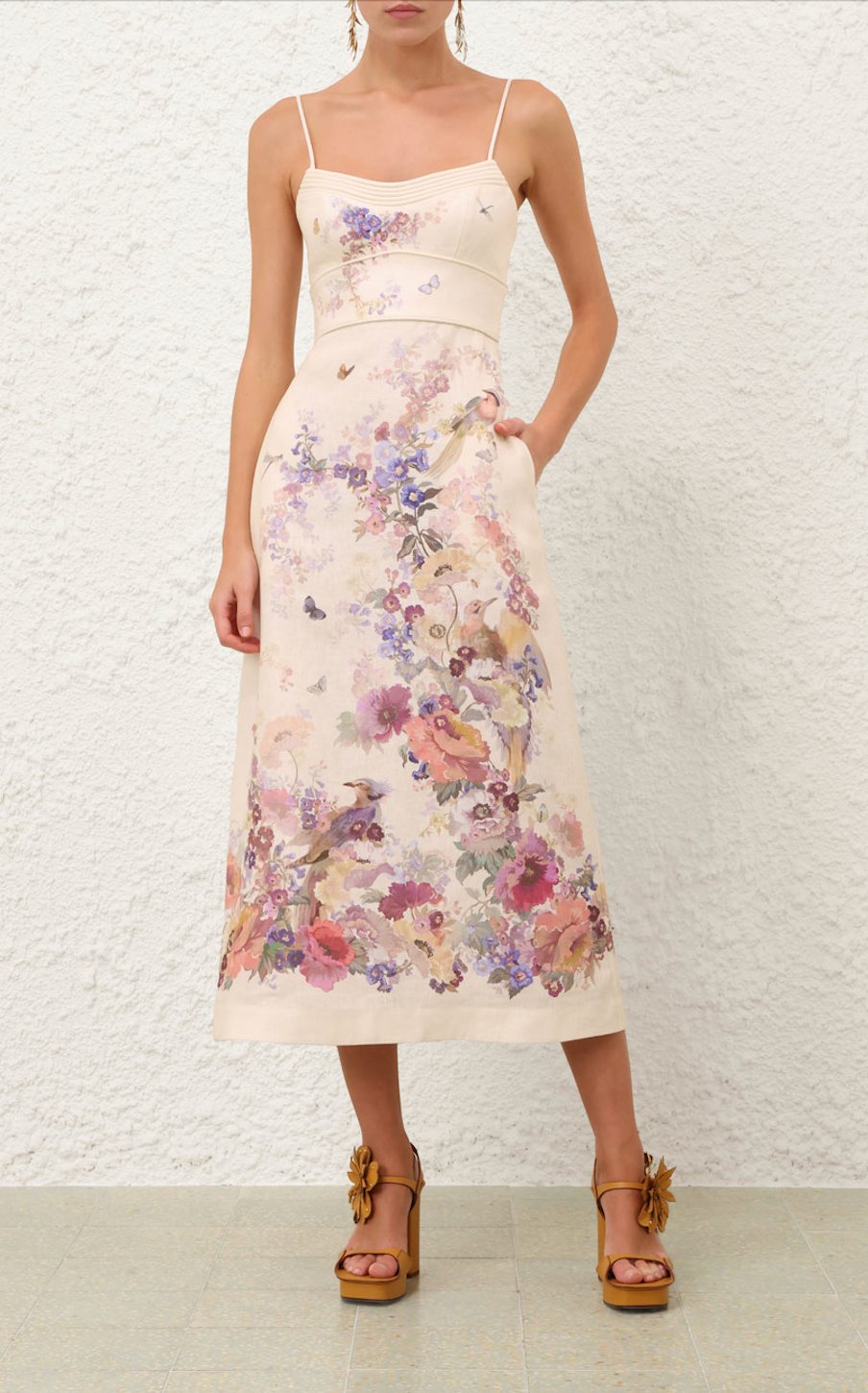 Premium Krem Renk Floral Desenli Keten Midi Elbise