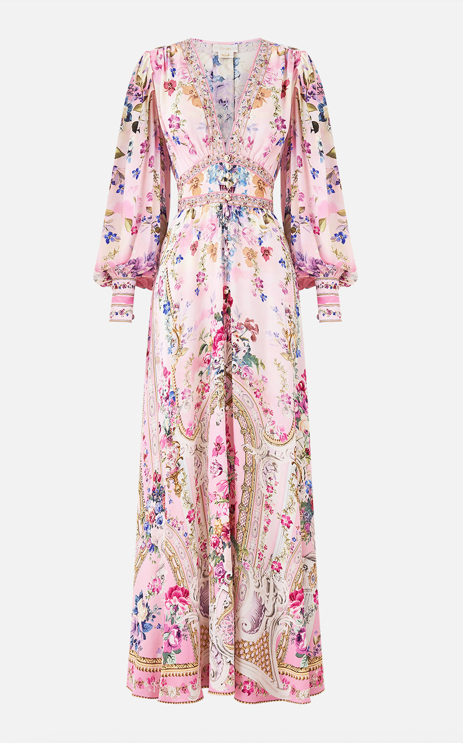 Premium Pembe Desenli Uzun Kollu V Yaka Midi Elbise