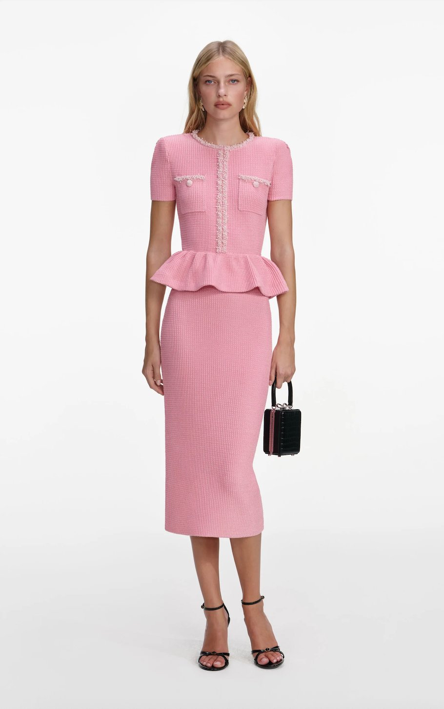 Tasarım Boncuk İşlemeli Peplum Detaylı Pembe Triko Midi Elbise