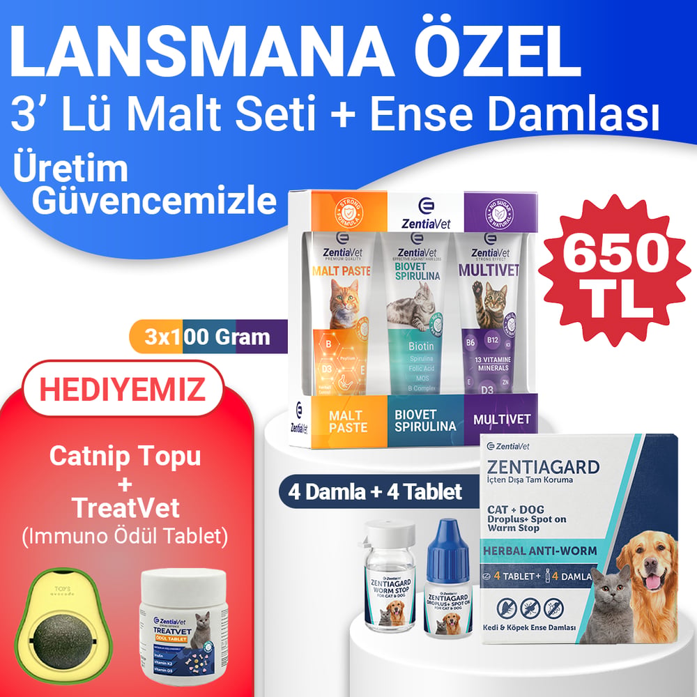 3 lü Malt Seti Tüy Yumağı Engelleyici Multivitamin Tüy Dökülmesi Önleyici-Kedi Ense 4 Damla 4 İç parazit Tableti