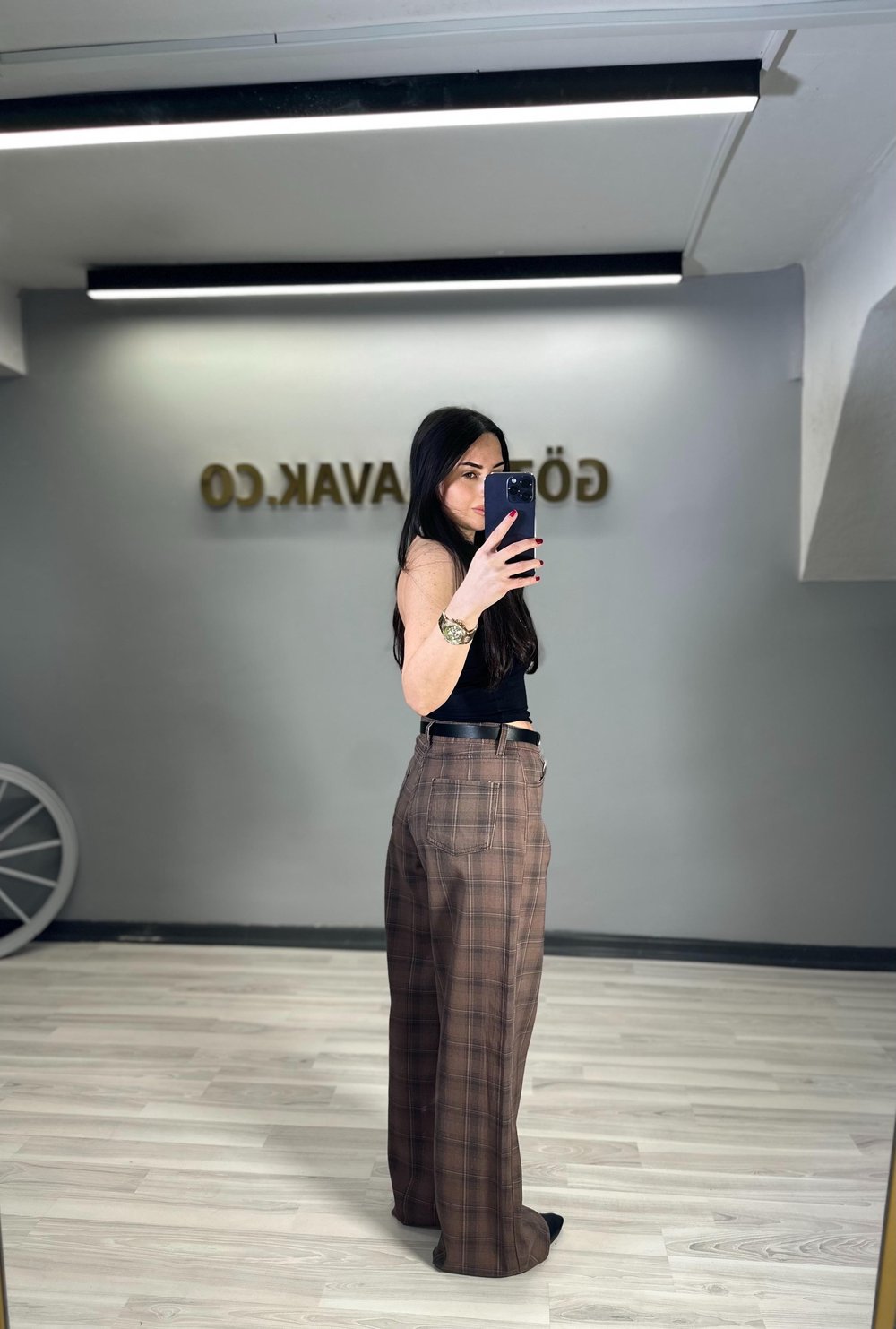 KAHVERENGİ KARELİ YÜKSEL BEL PANTOLON