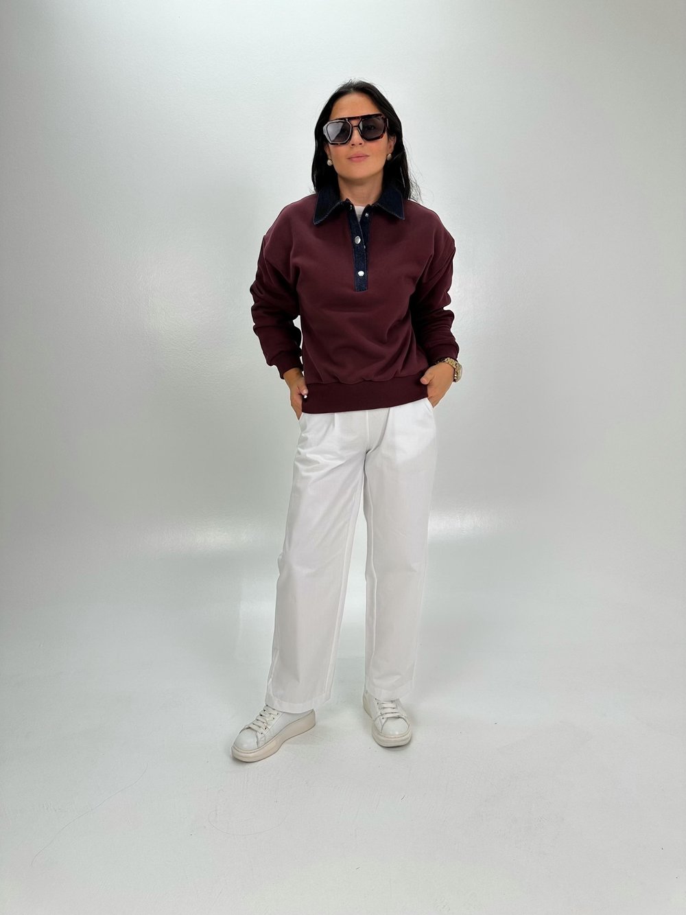 POLO KOT DETAY YAKALI BORDO SWEATSHİRT