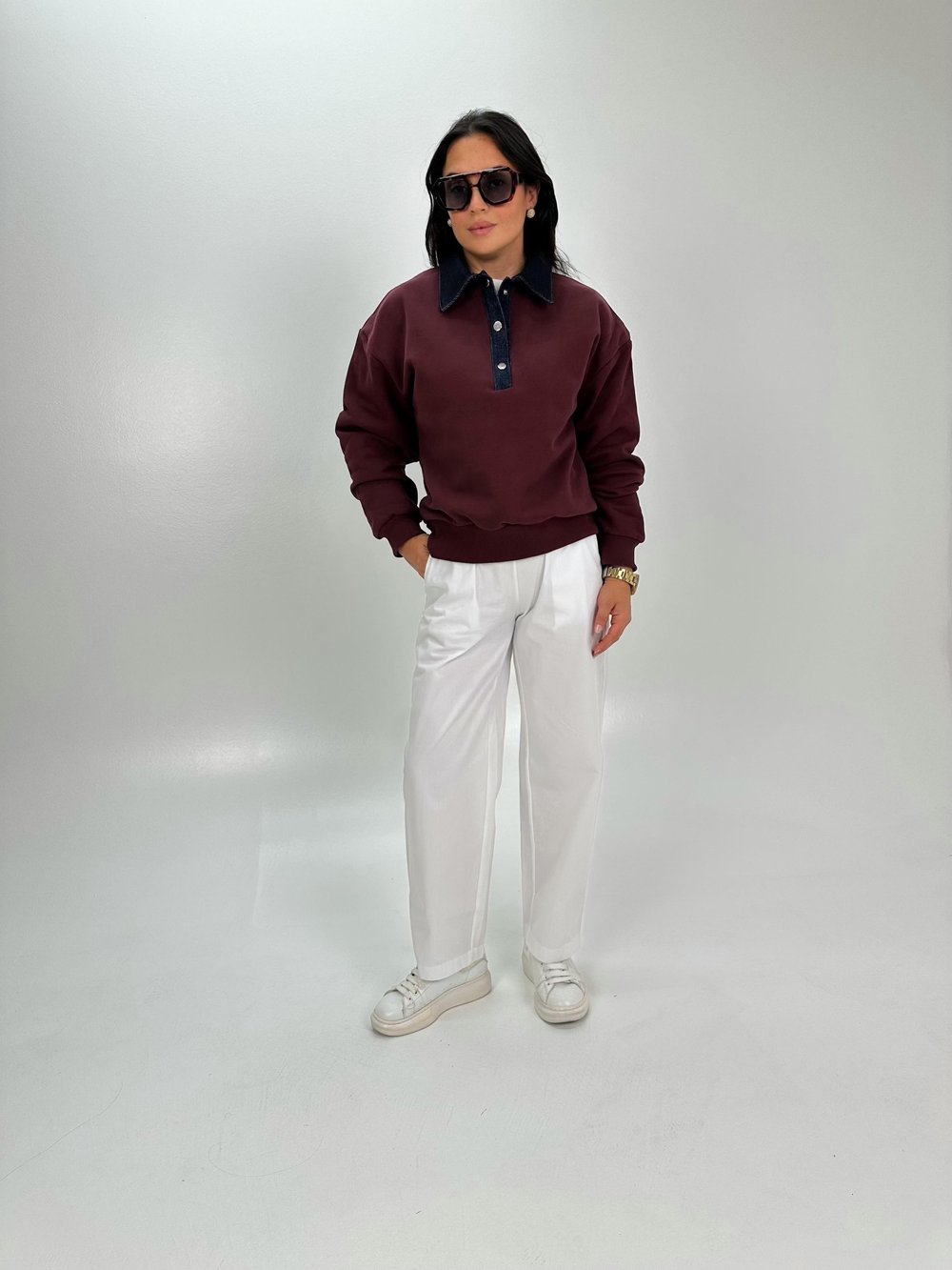 POLO KOT DETAY YAKALI BORDO SWEATSHİRT