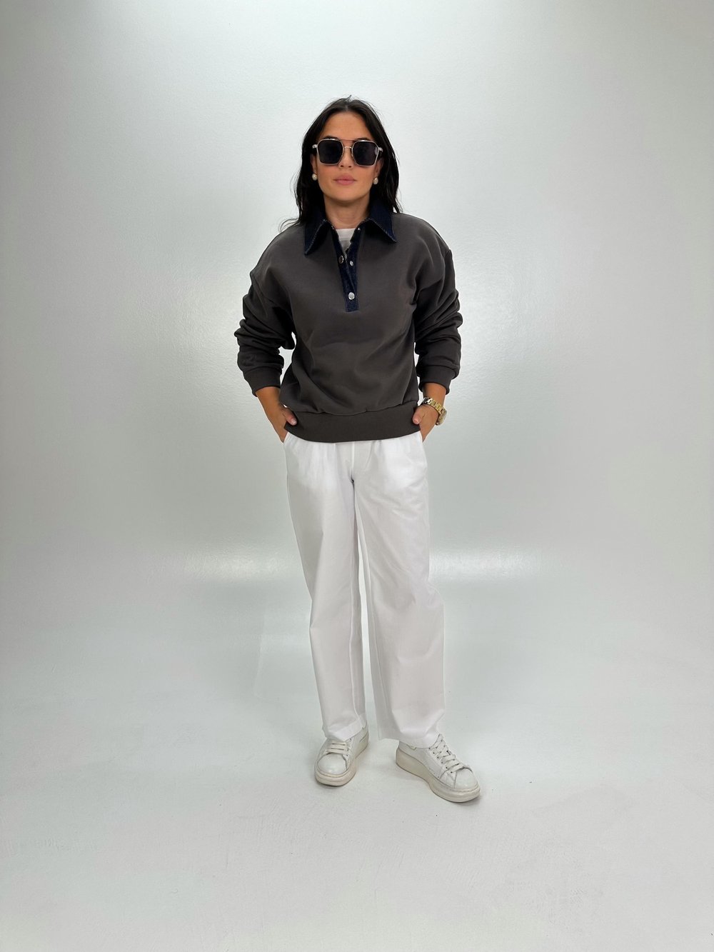 POLO KOT DETAY YAKALI HAKİ SWEATSHİRT