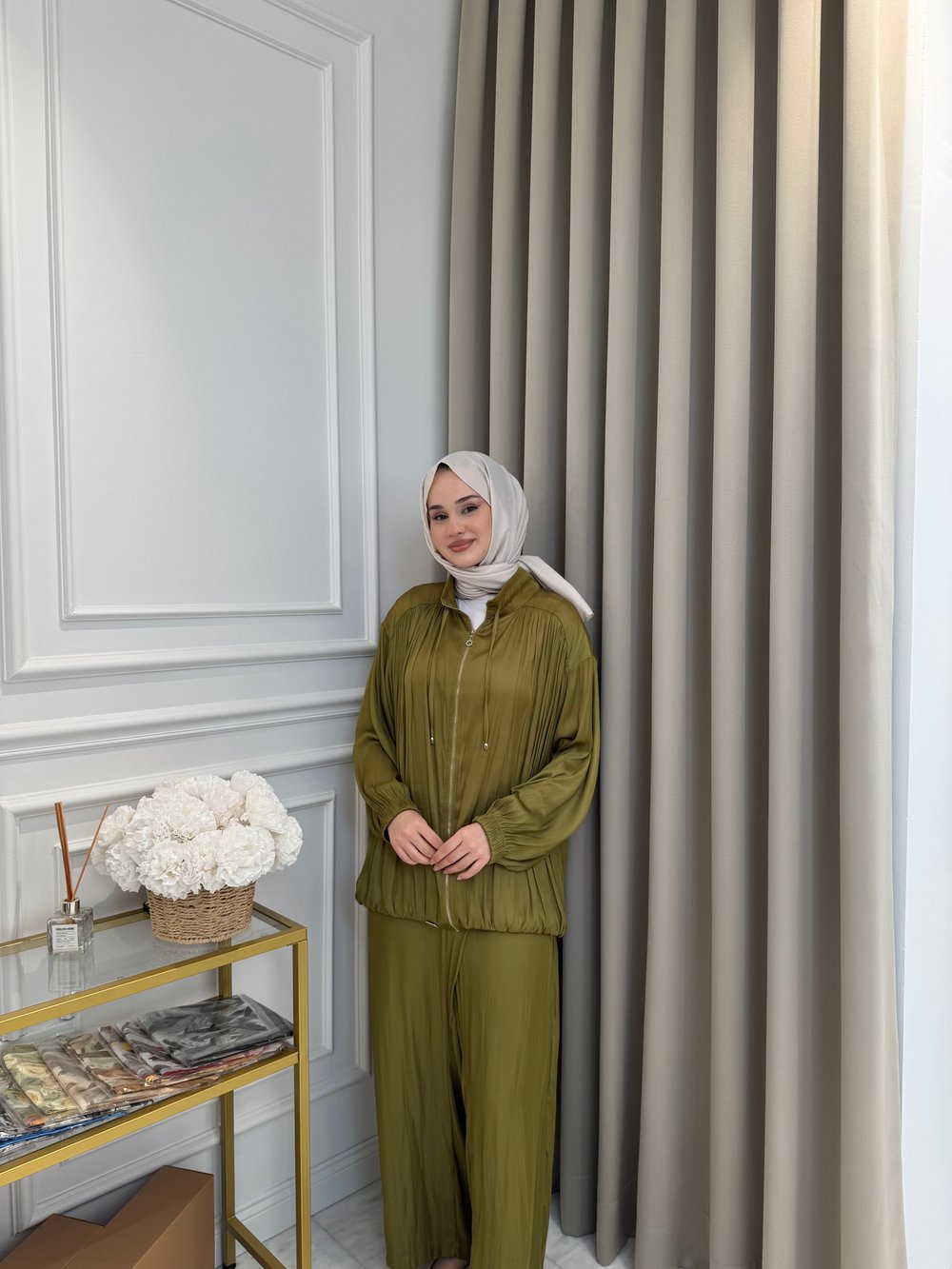 ALMARWAH Saten Üçlü Pantolon Takım Yeşil